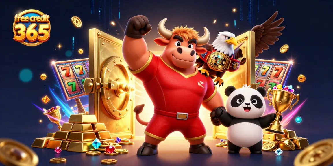 Experience the excitement of online gaming with free credit 365, featuring a dynamic bull mascot and vibrant casino elements.
