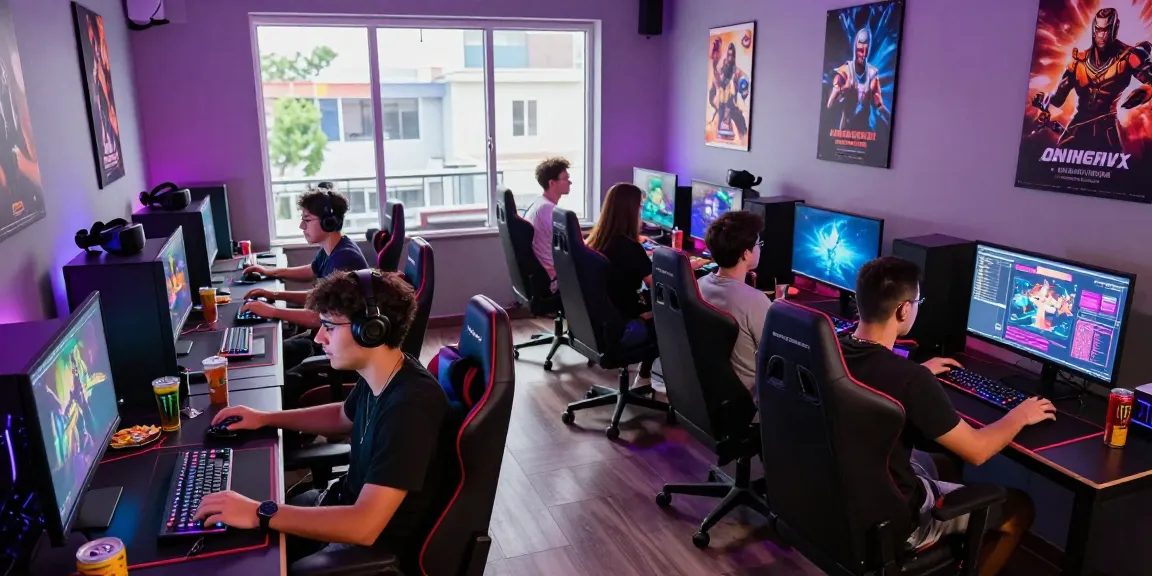 Engaging gaming lounge scene highlighting friends playing gay porn games together in a vibrant atmosphere.