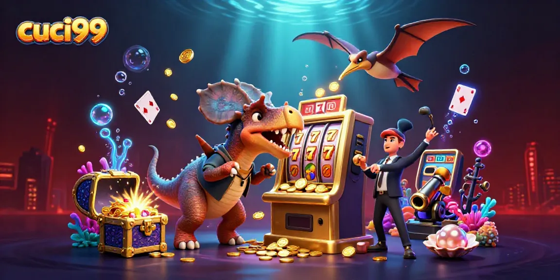 Cuci99 themed illustration with exciting slot action featuring a dinosaur and casino elements.