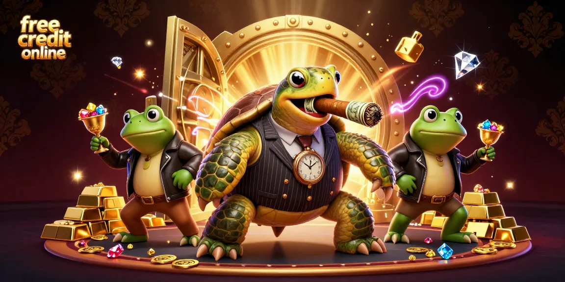 Win big with free credit online as a snapping turtle mobster oversees a treasure-filled casino scene.