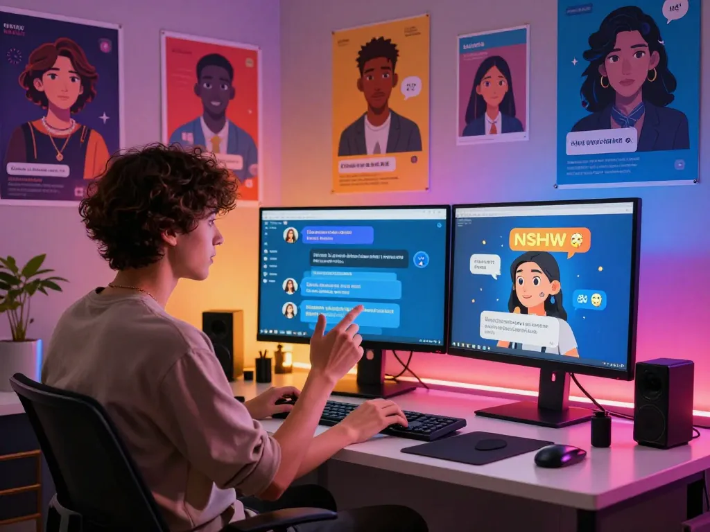 Interactive AI chat scene showcasing ai chat nsfw with vibrant dialogue and animated avatars in a modern workspace.
