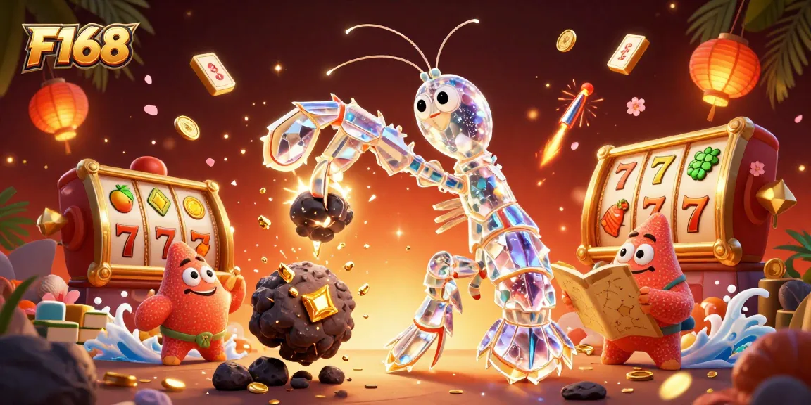 Experience thrilling gameplay at F168 with dynamic scenes of galactic samurai, gem explosions, and slot reels.