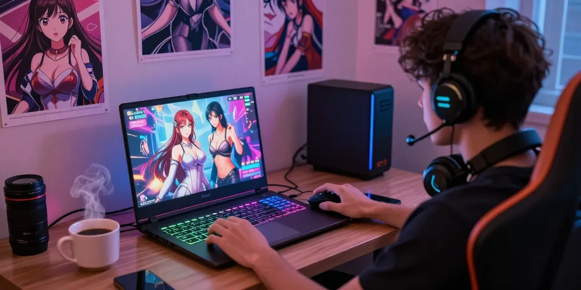Player enjoying an ecchi game in a cozy gaming setup with anime posters.