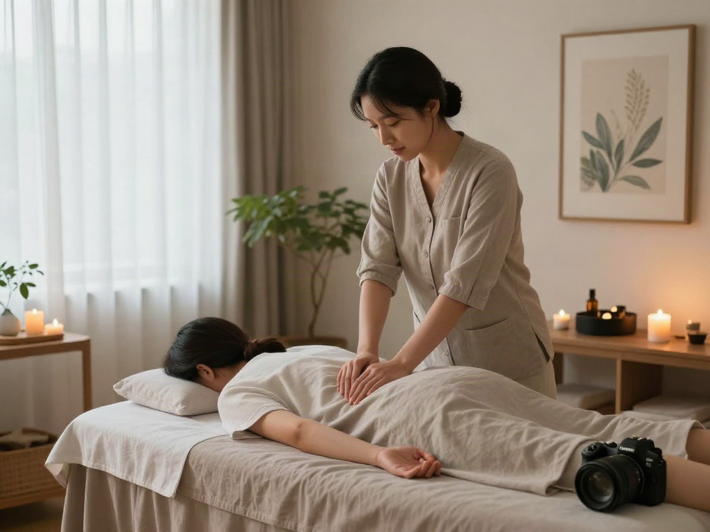 Relaxing 성북구출장안마 therapy session with candles and serene ambiance.