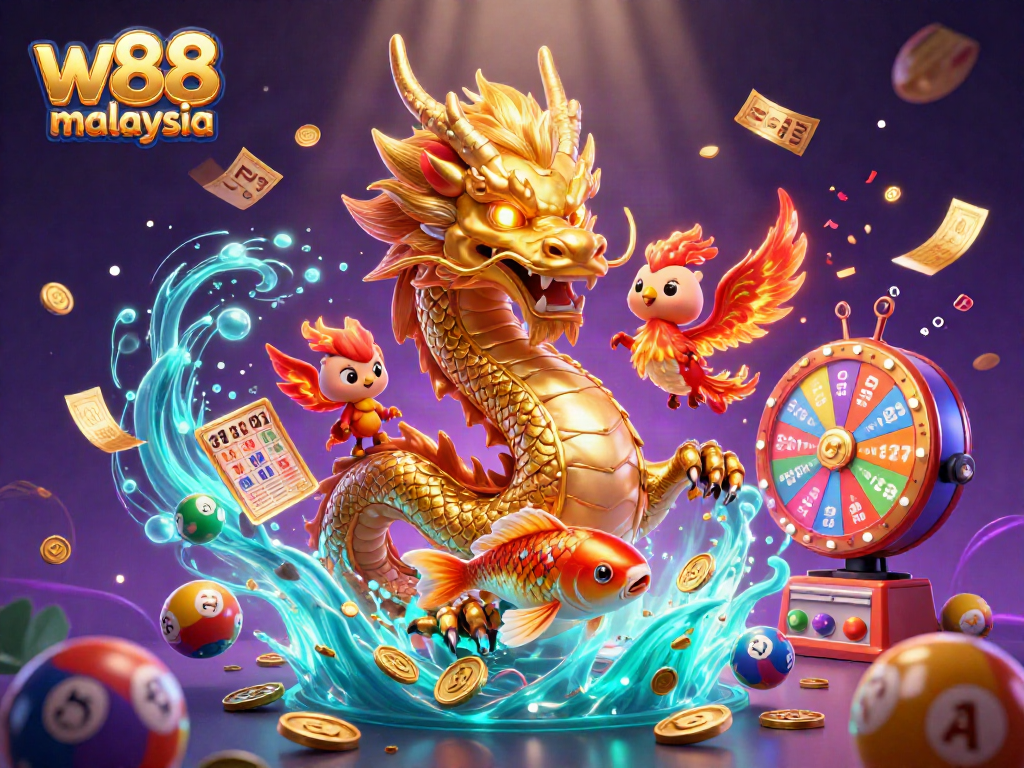 Engage with w88 malaysia's vibrant gaming world featuring a dragon, phoenix, and koi fish amidst lottery elements.