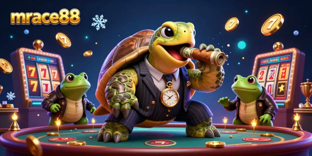 Engage with mrace88's vibrant 3D casino scene featuring a mobster turtle, froggies, and flying slot reels.