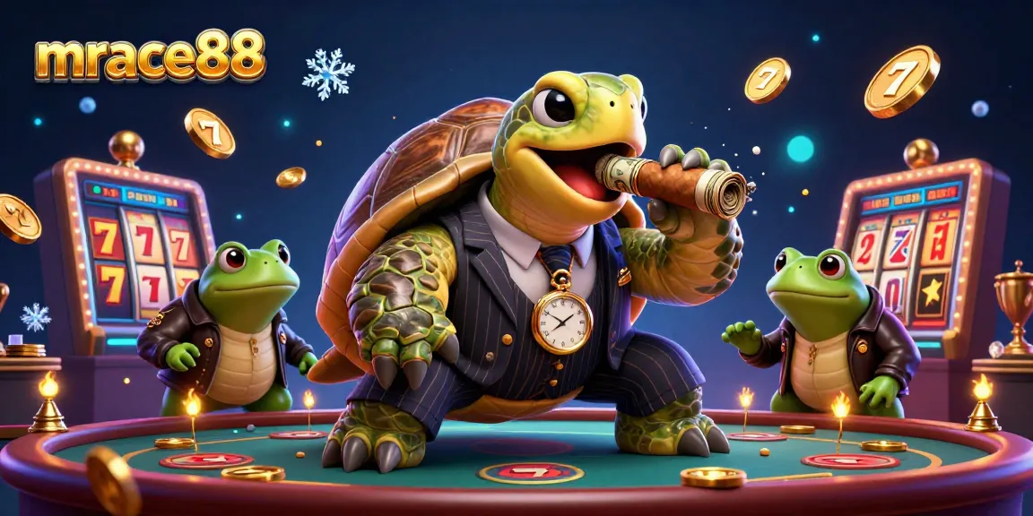 Engage with mrace88's vibrant 3D casino scene featuring a mobster turtle, froggies, and flying slot reels.