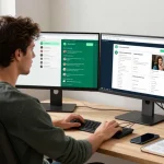 Engaging with WhatsApp電腦版 on a modern workspace with dual monitors and personal touches.