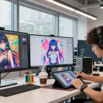 AI ecchi artist creating vibrant artwork in a modern studio