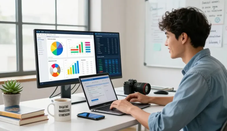 Melihat GEGESLOT di ruang kerja pemasaran digital yang kreatif dan dinamis.
